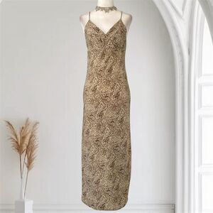 Early 2000s Euro Slinky Leopard Cheetah Animal Print Mesh Midi Maxi Slip Dress M